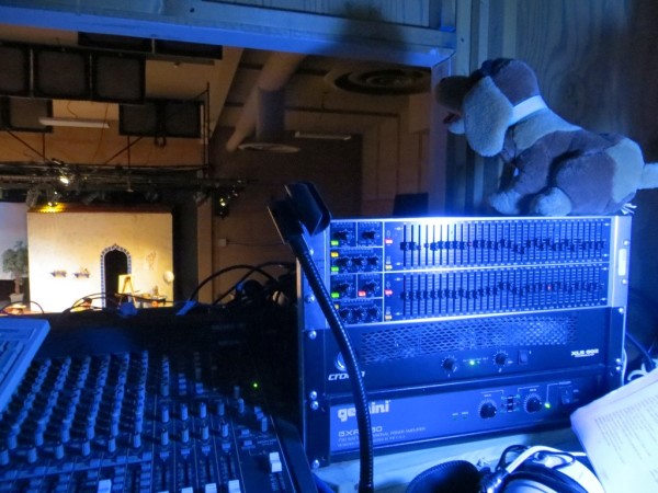 Sparky keeps watch at tech rehearsal, 2013/07/30